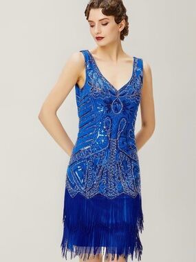 Babeyond Royal Blue 1920s Sequin Embellished Fringe Flapper Girl Mini Dress